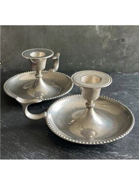 Pair Antique Swedish Silver-Plated Beaded Chamber Candlesticks